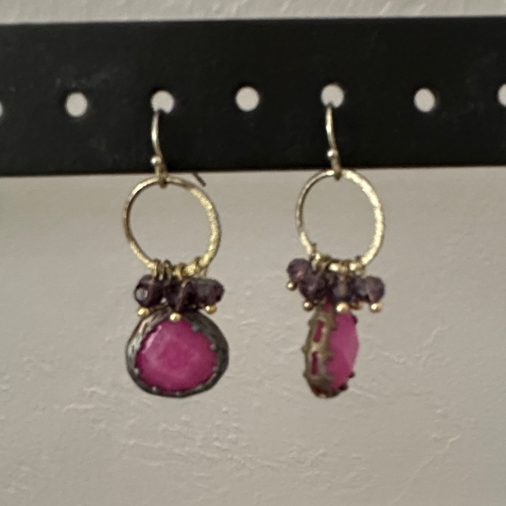 Anthropologie Gold and Pink Earrings with Purple Accents